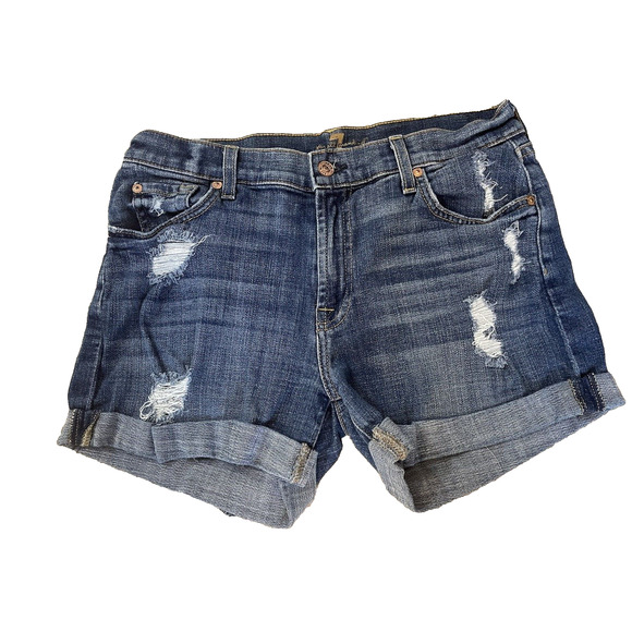 7 For All Mankind Blue Denim Distressed Cuffed Shorts Embroidered Pockets Logo - Picture 1 of 6